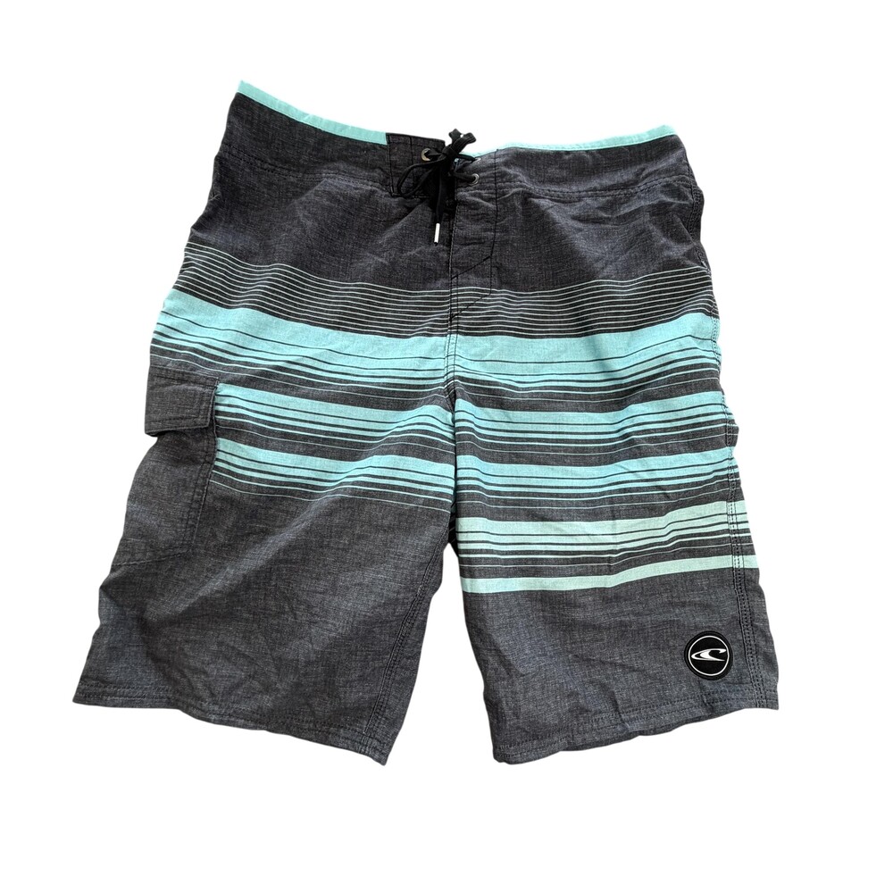 O'Neill Shorts Mens 32 Gray Aqua Stripe Board Shorts Swim Trunks Pocket Surf